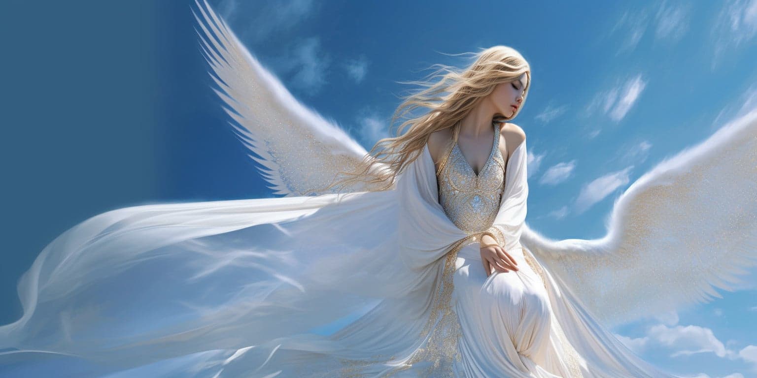 angel_a413-00009 Angel with brown hair, large white wings in a long white dress with blue sky and cloud in the background