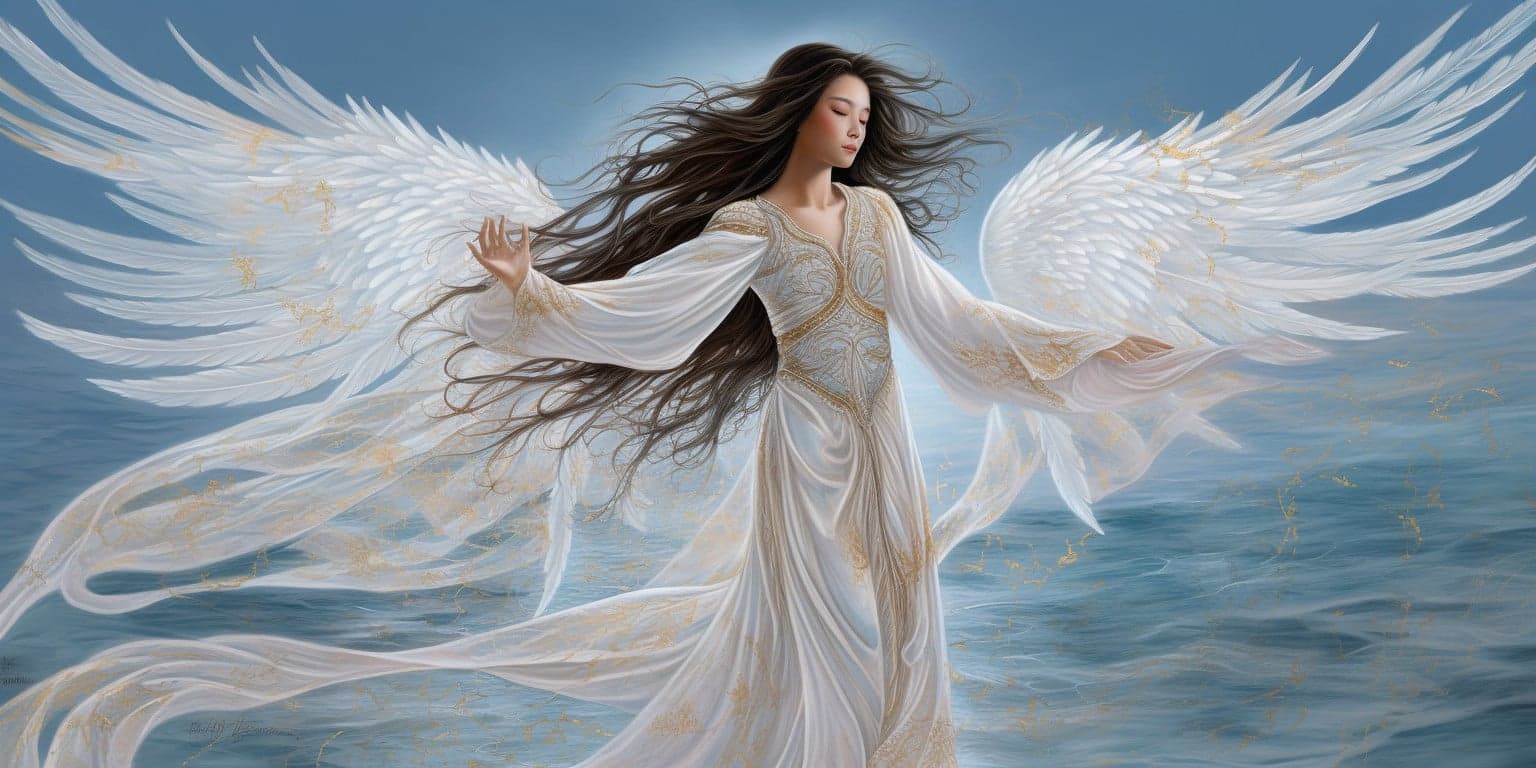 angel_a413-00012 Angel with long dark brown hair, large white wings in a long white dress with blue sky