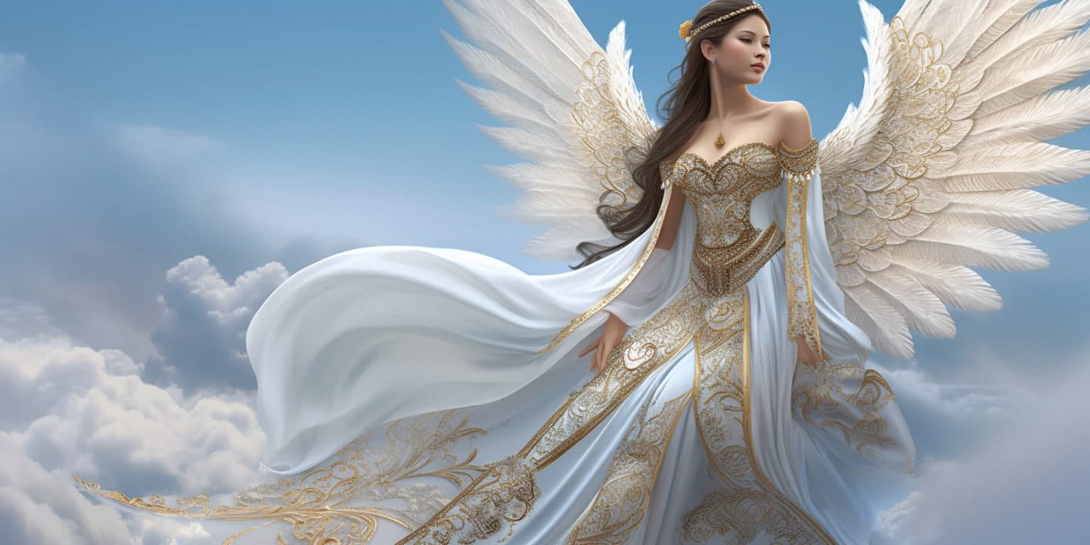 angel_a413-00013 Angel with brown hair, large white wings in a long white and yellow dress with blue sky and clouds in the background