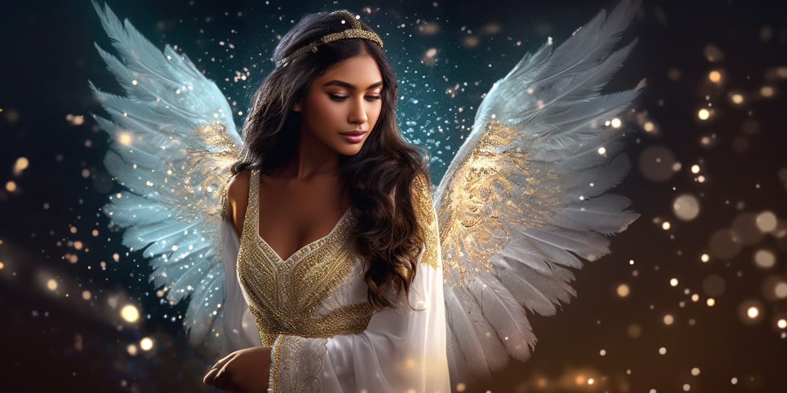 angel_a413-00015 Angel in a long white dress with stars in the night sky in the background