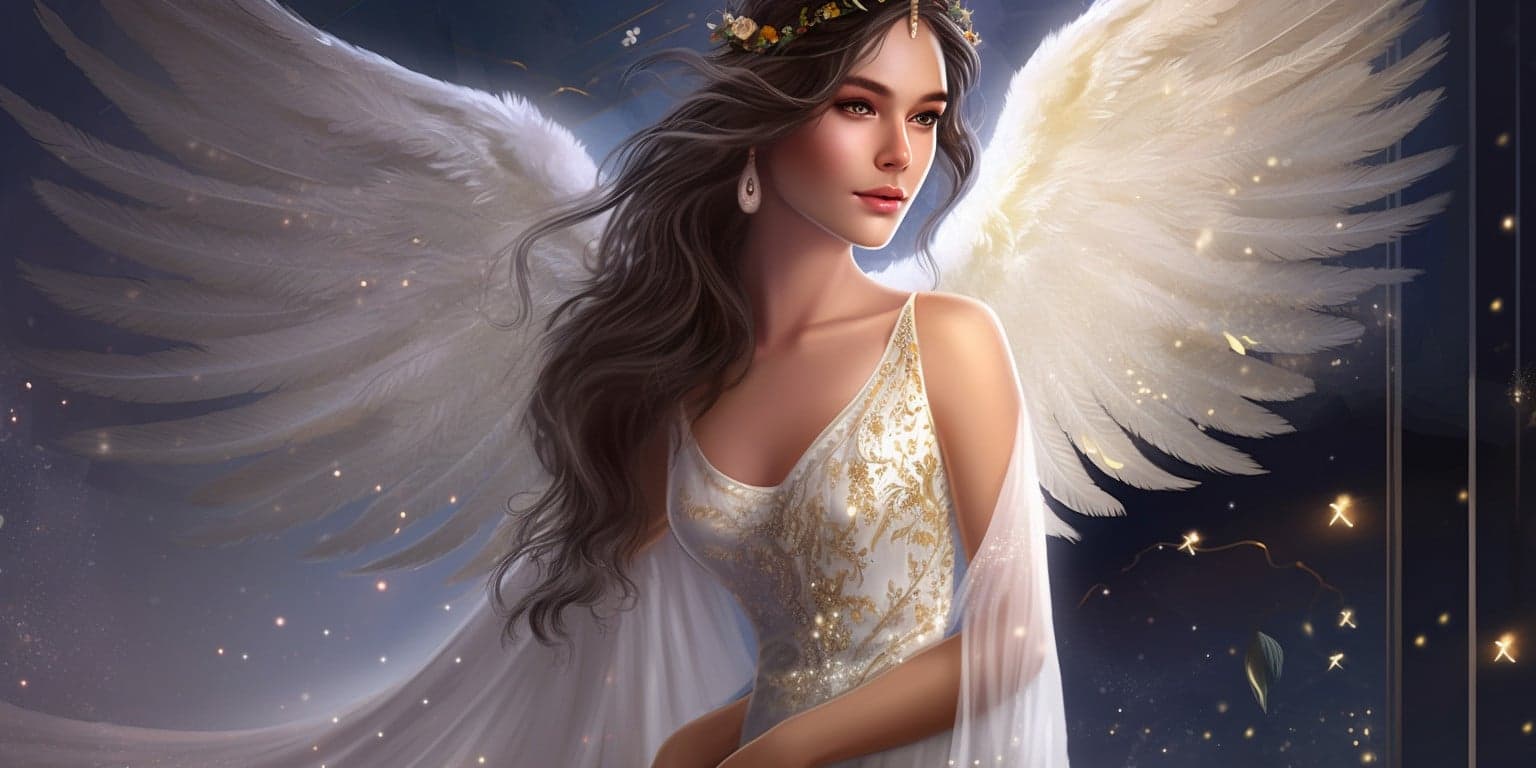 angel_a413-00016 Angel in a long white dress with falling stars in the night sky in the background