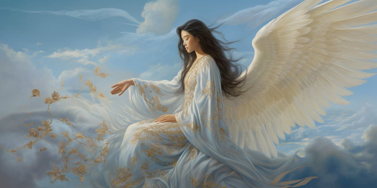 angel_a413-00017 Angel sitting down with dark brown hair, white wings in a long white dress with blue sky and cloud in the background