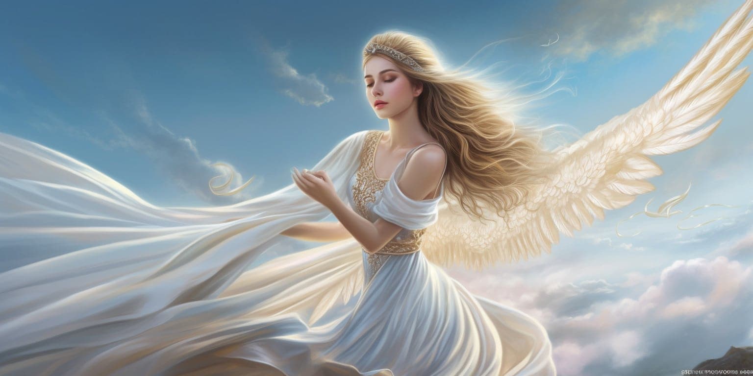 angel_a413-00018 Angel with blonde hair, white wings in a long white dress with blue sky and clouds in the background