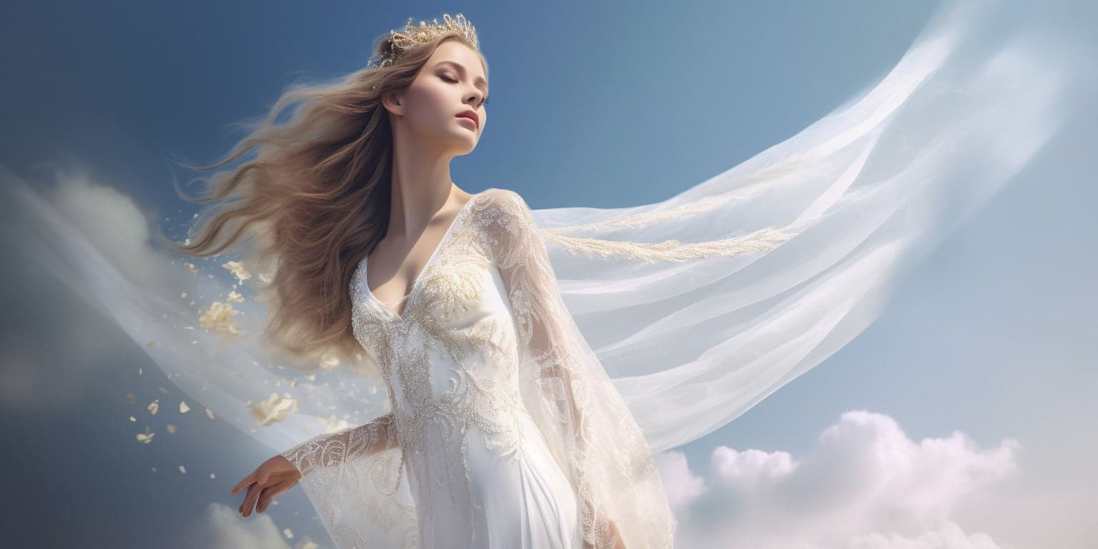 angel_a413-00019 Angel with a crown and blonde hair, white wings in a long white dress with blue sky and clouds in the background
