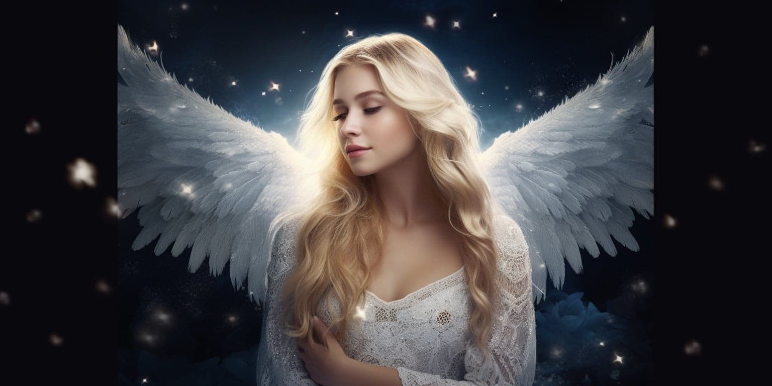 angel_a413-00020 Angel with blonde hair in a long white dress with stars in the night sky in the background