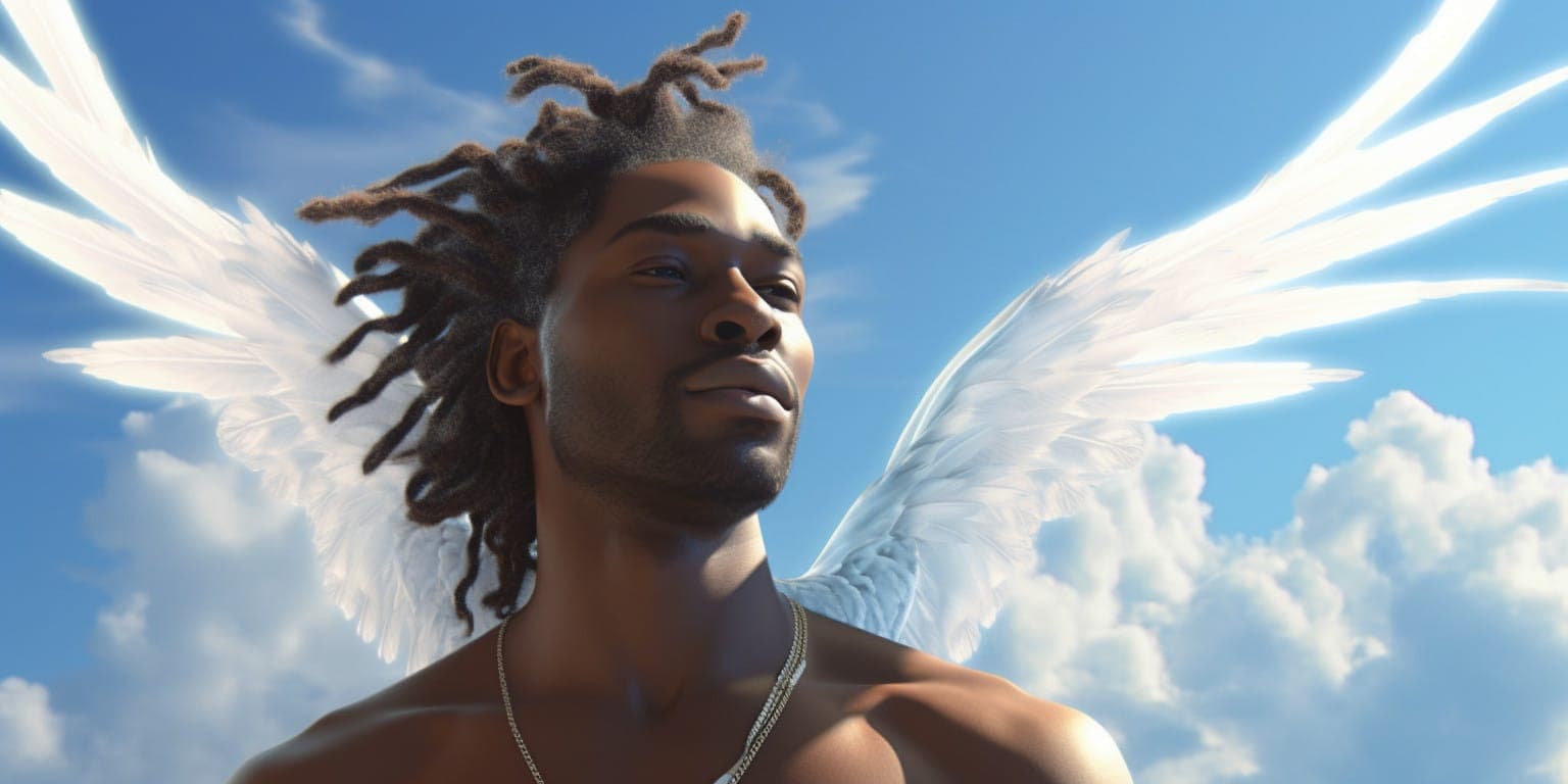 angel_a413-00021 Angel with dreadlocks , white wings with blue sky and clouds in the background