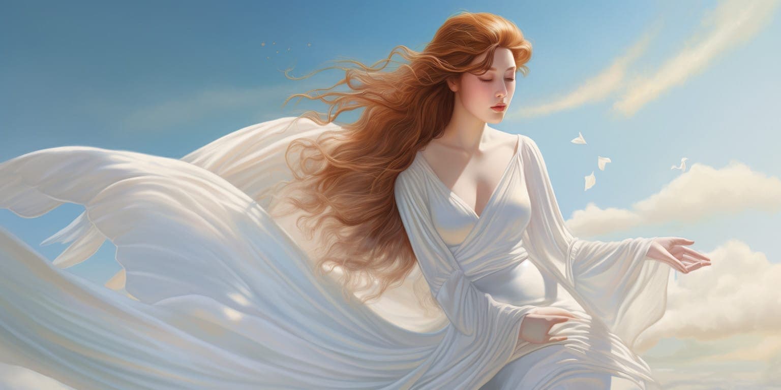 angel_a413-00023 Angel with brunette hair, white wings in a long white dress with blue sky and clouds in the background