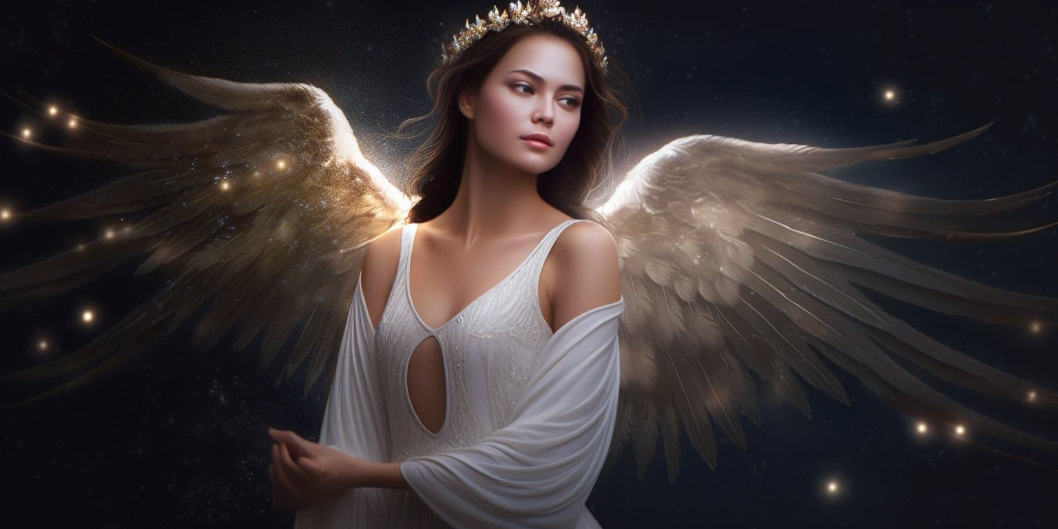 angel_a413-00024 Angel with black hair wearing a small gold crown in a long white dress with stars in the night sky in the background.