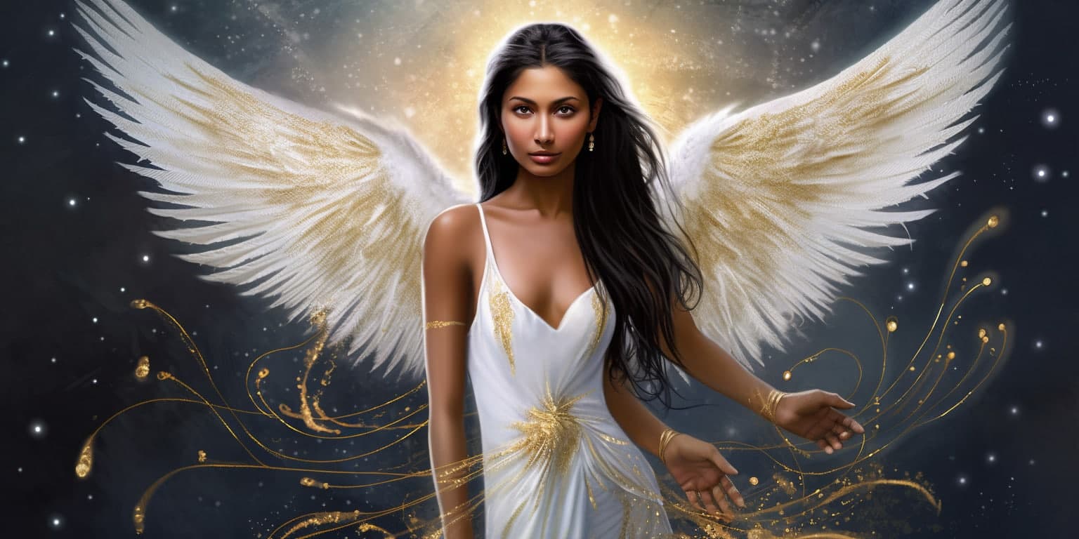 angel_a413-00026 Angel with long black hair in a long white dress with stars in the night sky in the background.