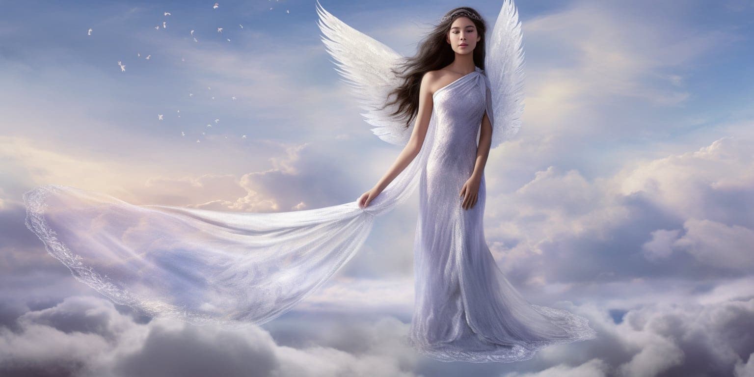 angel_a413-00028 Angel with dark brown hair, large white wings in a long white dress with blue sky and cloud in the background