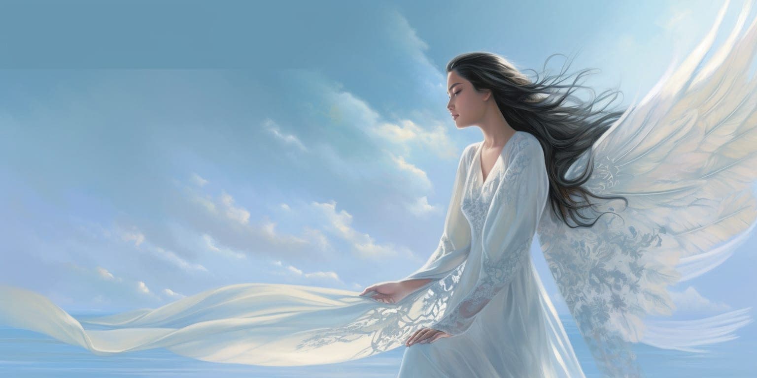angel_a413-00031 Angel with dark brown hair, large white wings in a long white dress with blue sky and cloud in the background