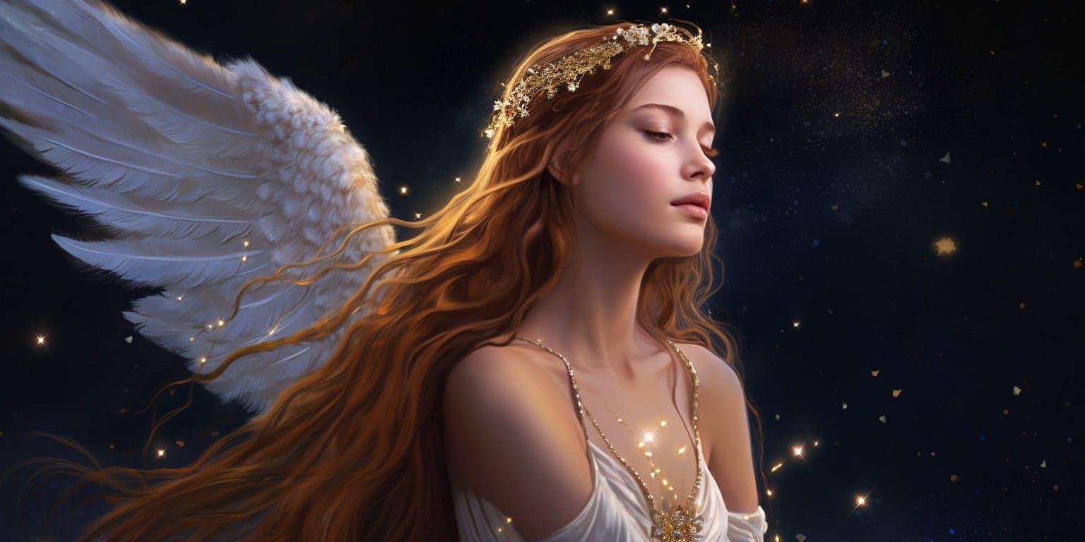 angel_a413-00032 Angel Number 44 - Angel with brunette hair and a small gold crown on her head.