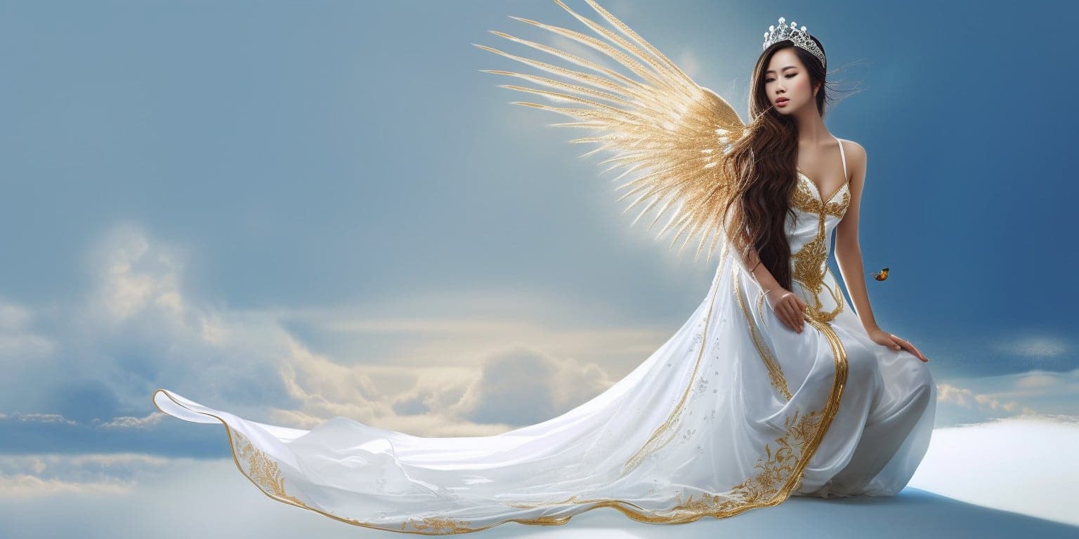 angel_a413-00034 Angel in a white robe. Small crown yellow wings.