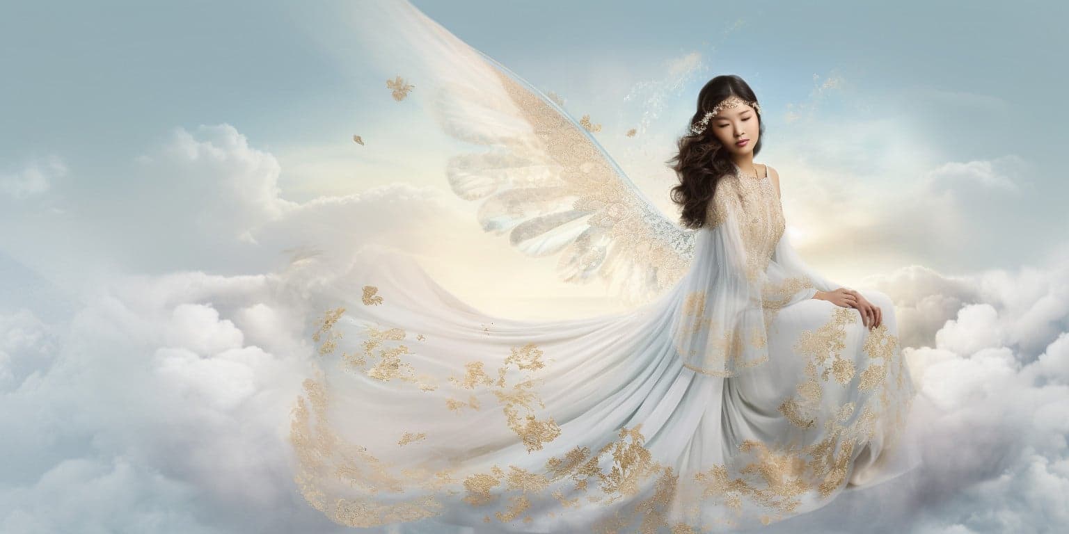 angel_a413-00035 Angel with dark brown hair, large white wings in a long white dress with blue sky and cloud in the background