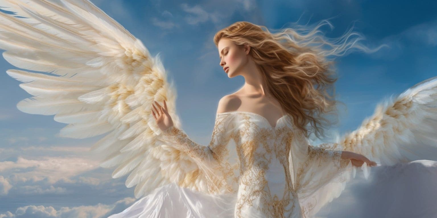 angel_a413-00036 Angel with strawberry blonde hair, large white wings in a long white dress with blue sky and cloud in the background