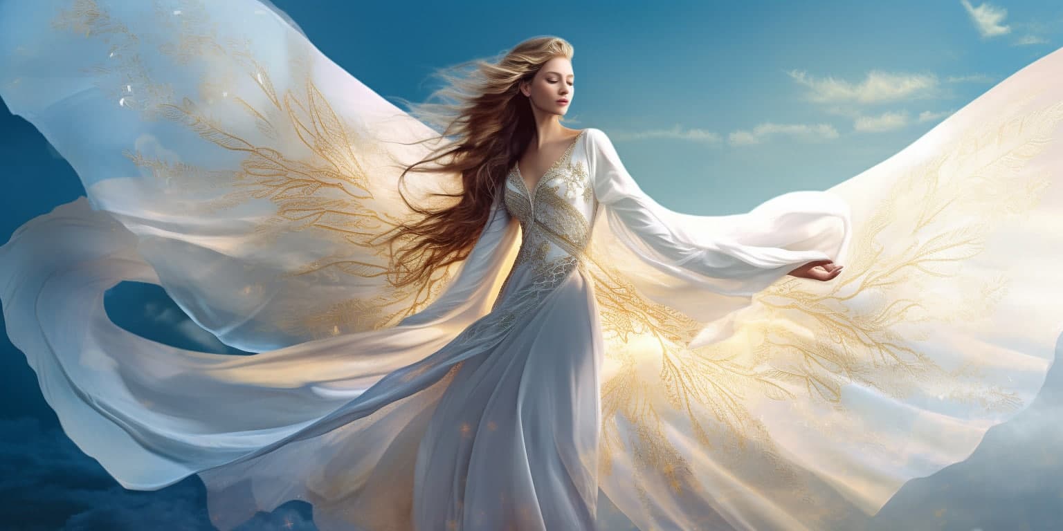 angel_a413-00040 Angel Number 16 - Angel with long brown hair. Clouds in the background.