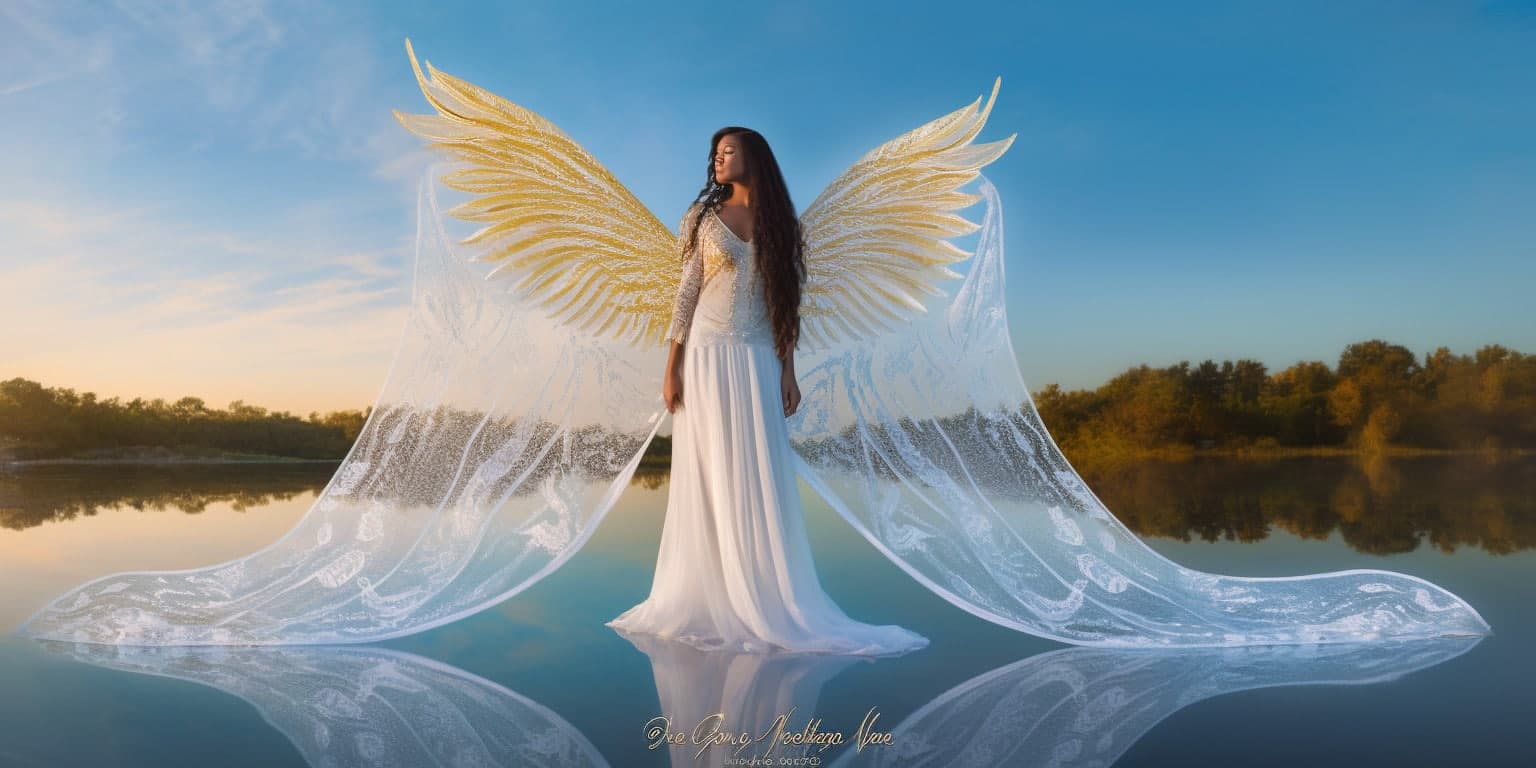 angel_a413-00041 Angel Number 45 - Angel with long black hair and a long white dress. Looking forward. Wings have a shade of yellow.