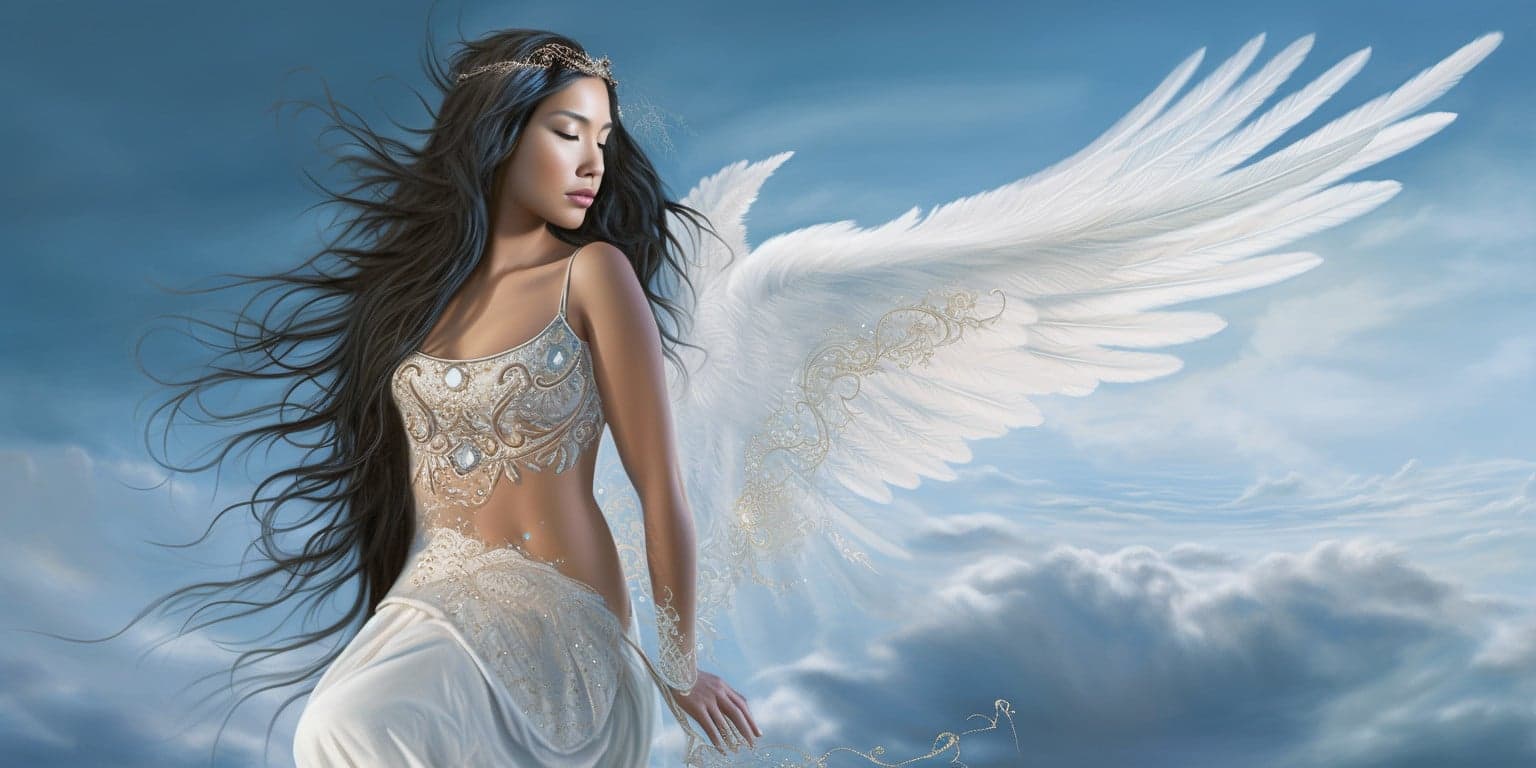 angel_a413-00042 Angel Number 26 - Angel with long black hair. Dark clouds in the background.
