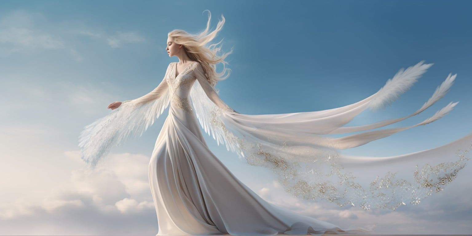 angel_a413-00043 Angel Number 36 - Angel with long blonde hair. White clouds in the background.