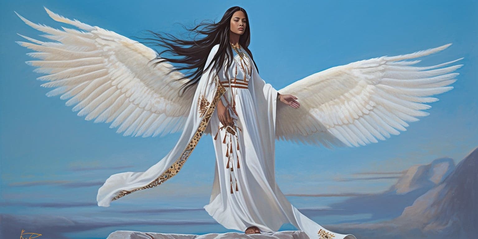 angel_a413-00046 Angel Number 65 - Angel with long black hair and a long white dress. Looking forward. Wings have a shade of yellow. Clouds in the background.