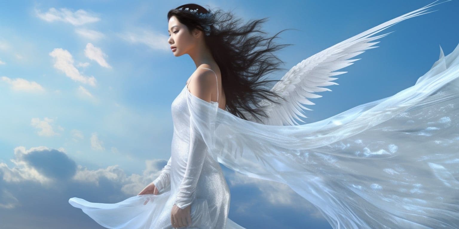angel_a413-00055 Angel Number 15 - Angel with long black hair and a long white dress. Looking forward.