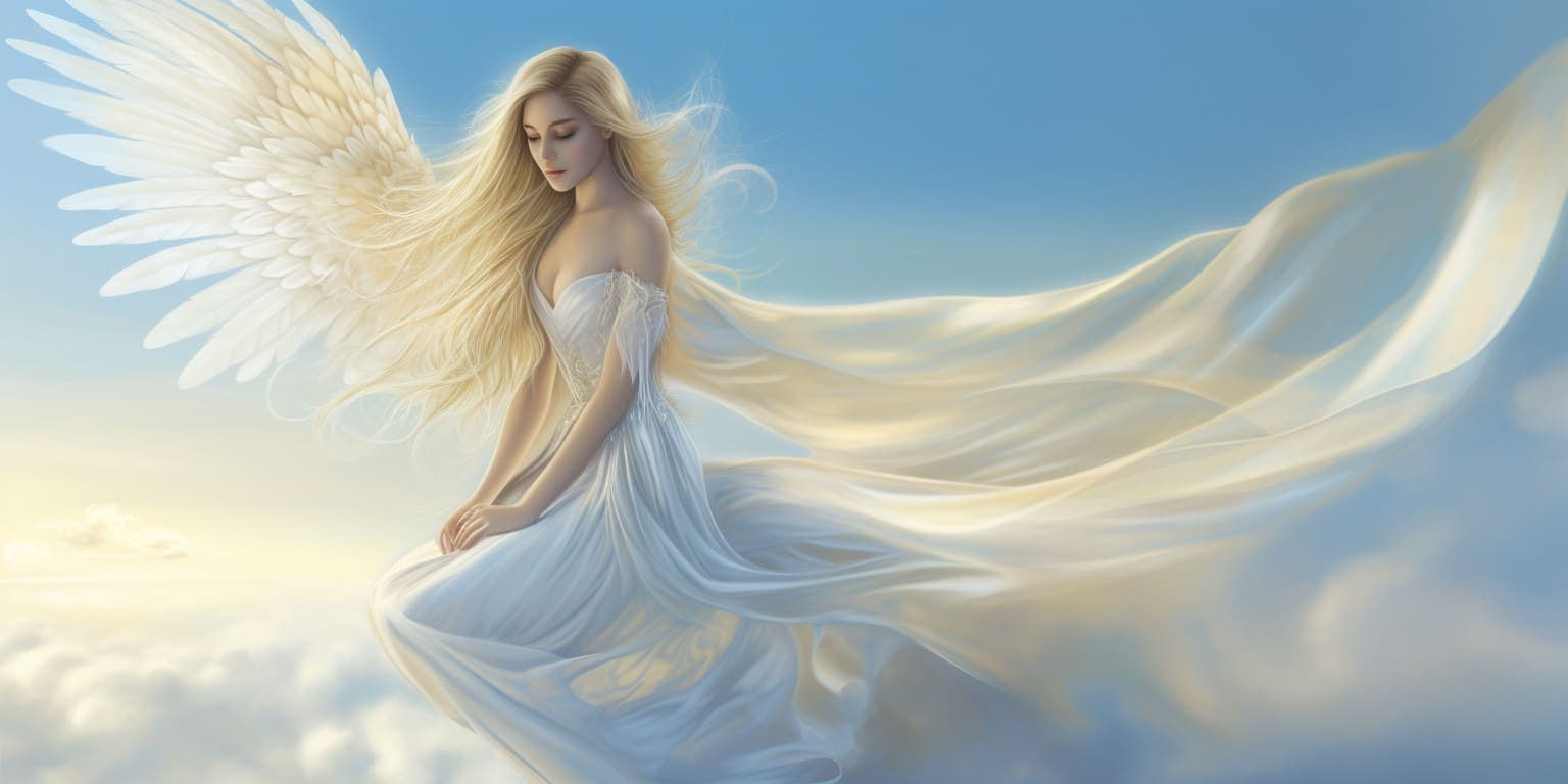 angel_a413-00058 Angel Number 56 - Angel with long blonde hair. White clouds in the background.