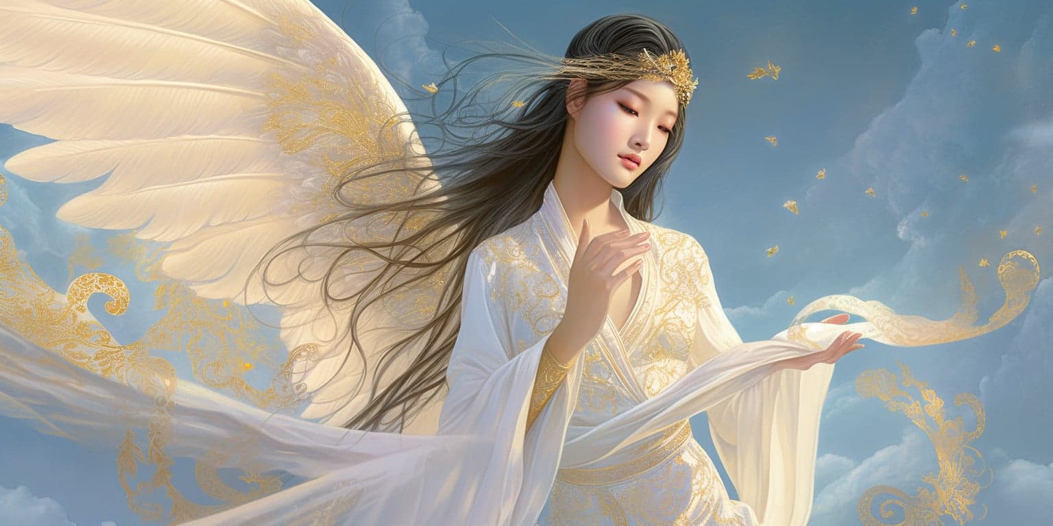 angel_a413-00063 Angel Number 86 - Angel with long dark hair. White clouds in the background. Outstretched wings