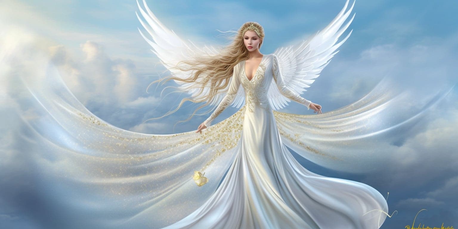 angel_a413-00064 Angel with strawberry blonde hair, medium white wings in a long white dress with blue sky and circling cloud in the background