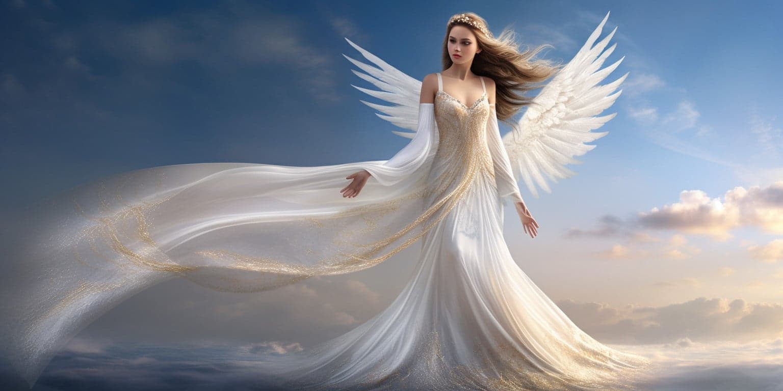 angel_a413-00065 Angel Number 85 - Angel with long brown hair and a long white dress. Looking forward. Wings are pure white. Clouds in the background.