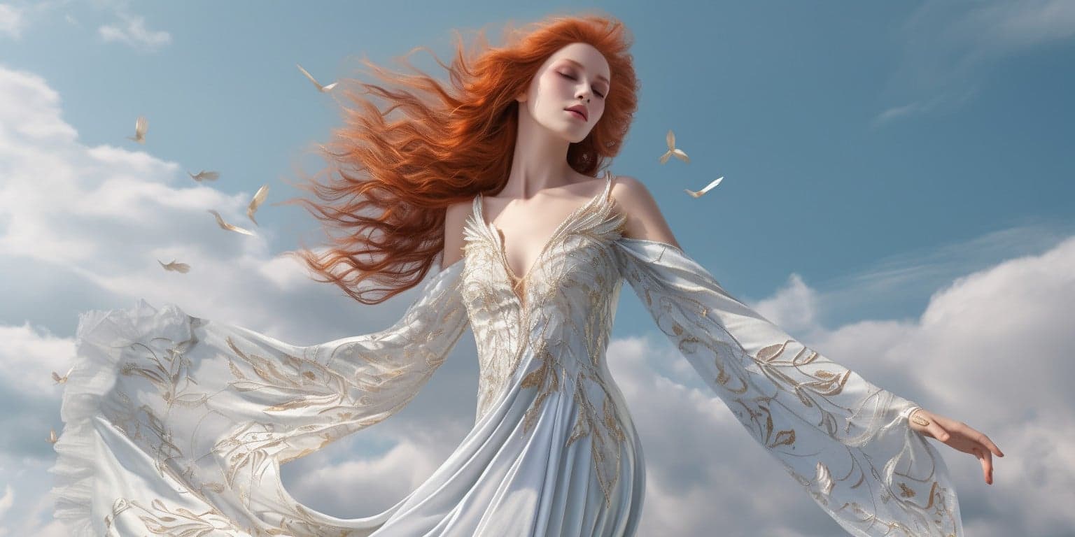 angel_a413-00067 Angel Number 96 - Angel with long Brunette hair. White clouds in the background.