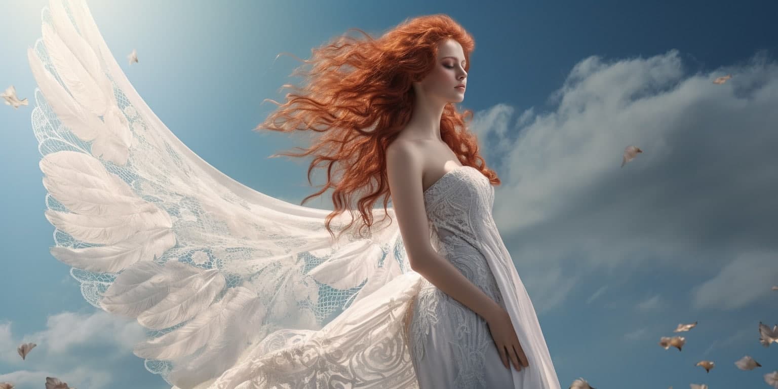 angel_a413-00072 Angel Number 17 - Angel with long Brunette hair. White clouds in the background.