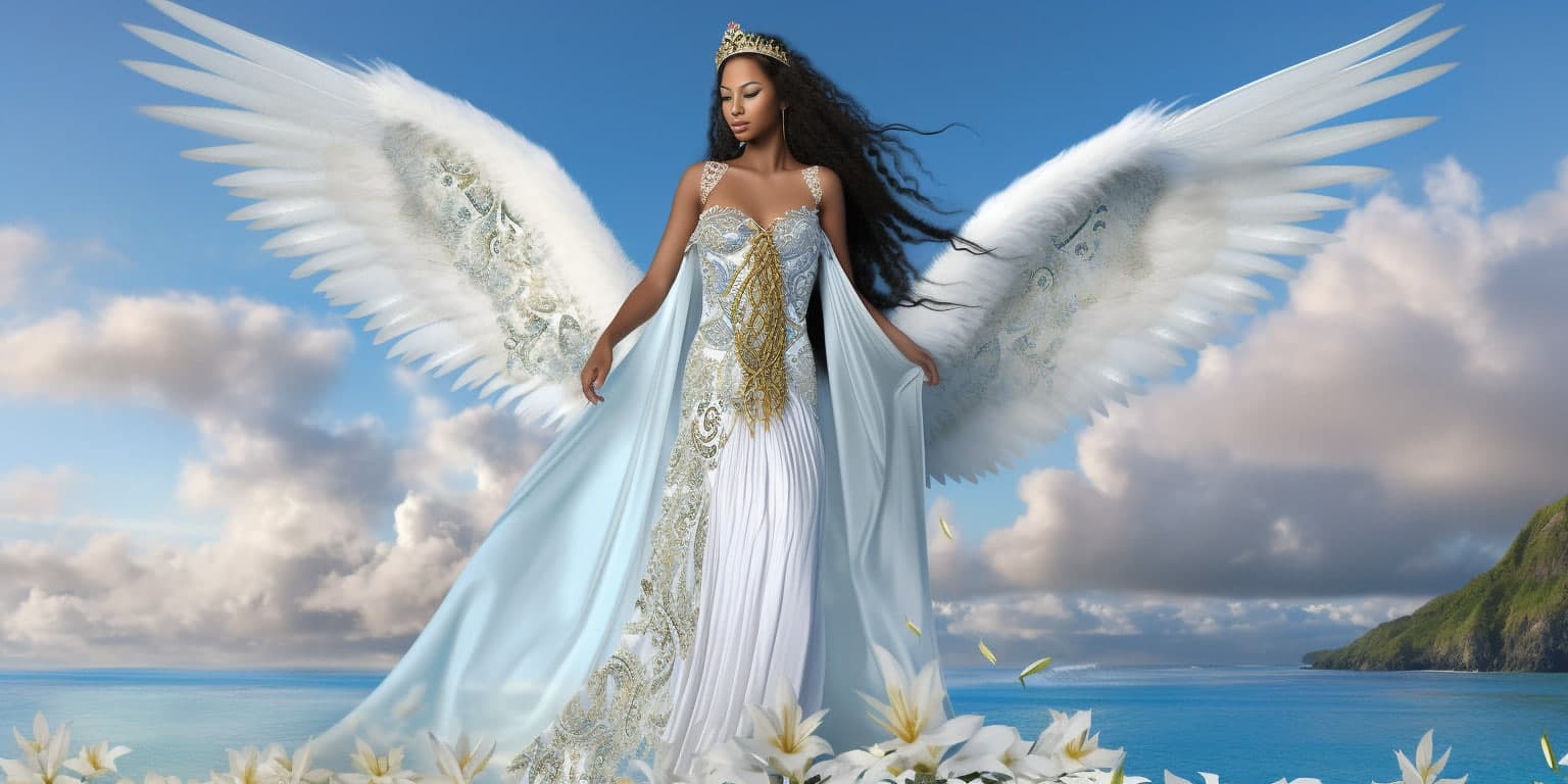 angel_a413-00075 Angel Number 27 - Angel with long Black hair. The angel is standing in flowers.