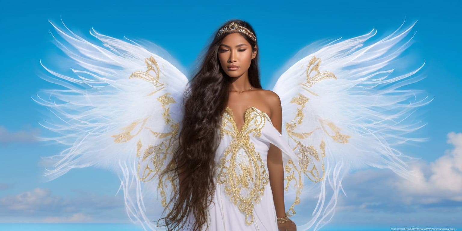 angel_a413-00078 Angel Number 47 - Angel with long Black hair. Long pure white wings. Yellow pattern on her dress and wings