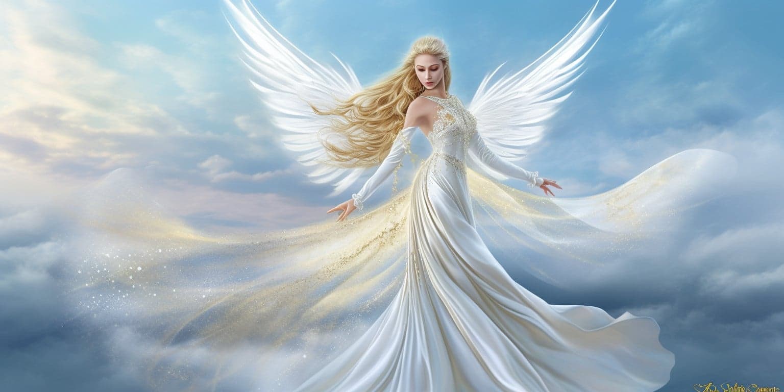 angel_a413-00079 Angel Number 57 - Angel with long Blonde hair. Long pure white wings. The angel is looking behind her.