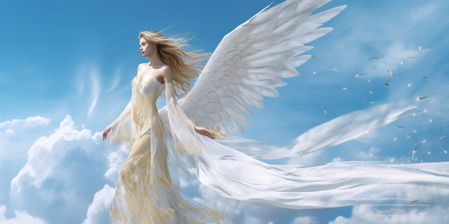 angel_a413-00081 Angel Number 67 - Angel with long Blonde hair. Long pure white wings. The angel is looking ahead.