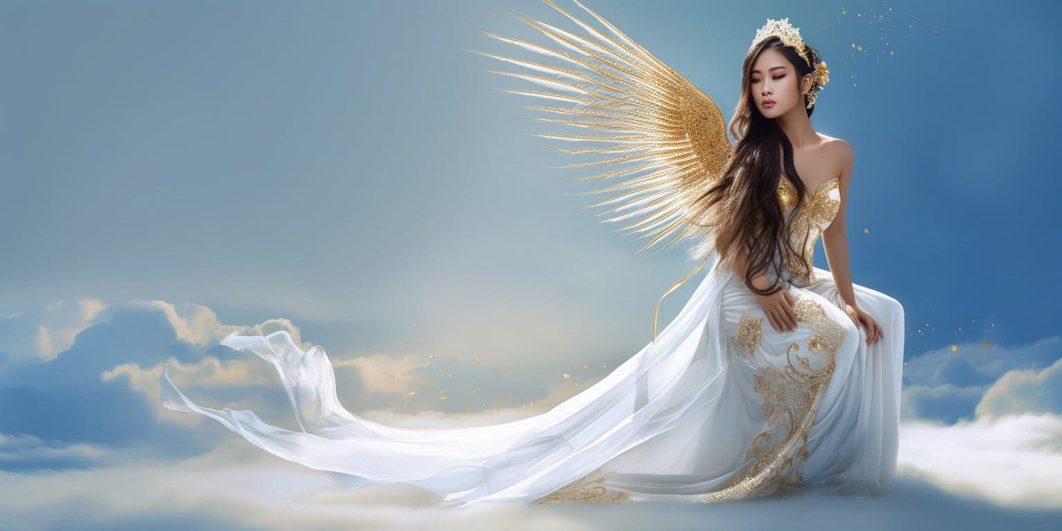 angel_a413-00093 Angel Number 77 - Angel with long brown hair. Long pure white dress. The angel is looking behind her.
