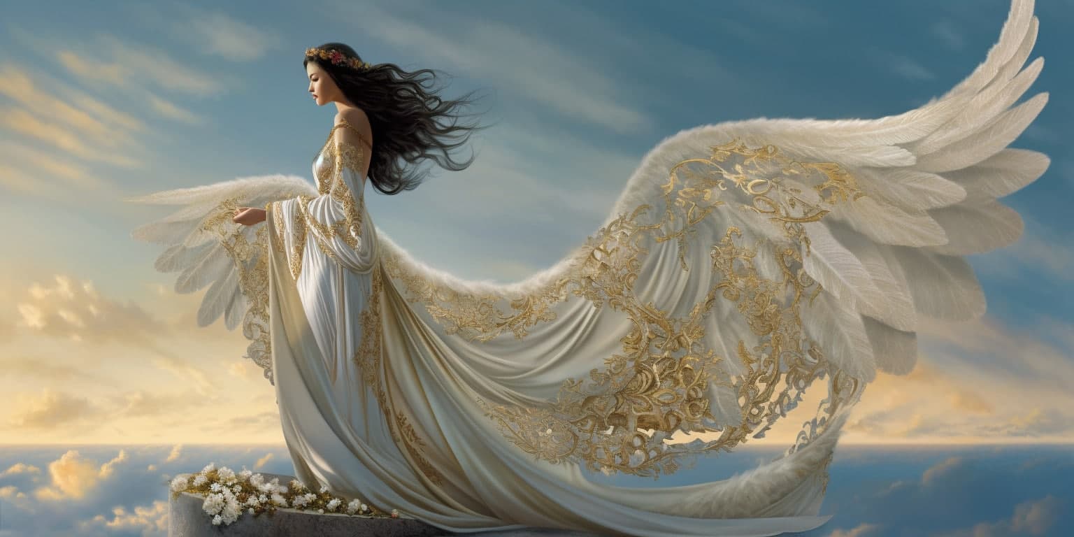 angel_a413-00095 Angel Number 87 - Angel with long brown hair. Long pure white dress. The angel is forward across the landscape.