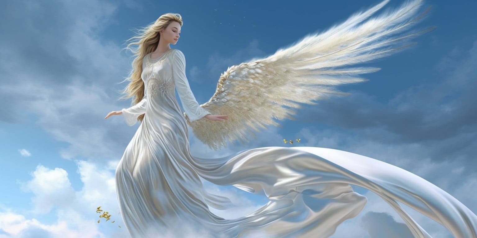 angel_a413-00115 Angel Number 97 - Angel with long brown-blond hair. Long pure white dress. The angel is looking behind her.
