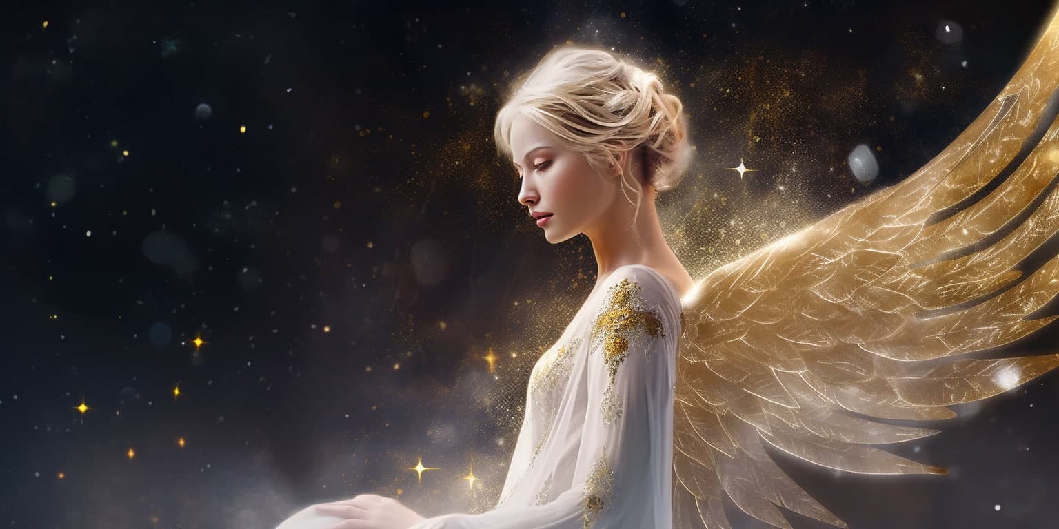 angel_a413-00037 Angel Number 1112 - Angel with short Blonde hair and a long white dress with yellow and Gold patterns on the shoulder.
