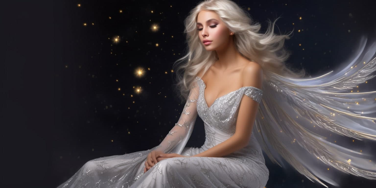 angel_a413-00039 Angel Number 1121 - Angel with long white Blonde hair and a long silver dress.