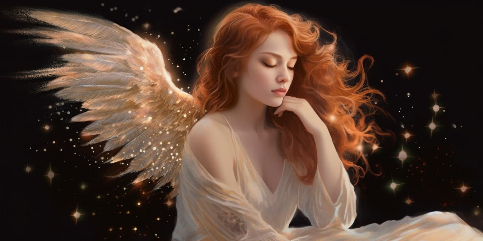 angel_a413-00047 Angel Number 4441 - Angel with long brunette hair and a white dress. Her wings are golden yellow and white.