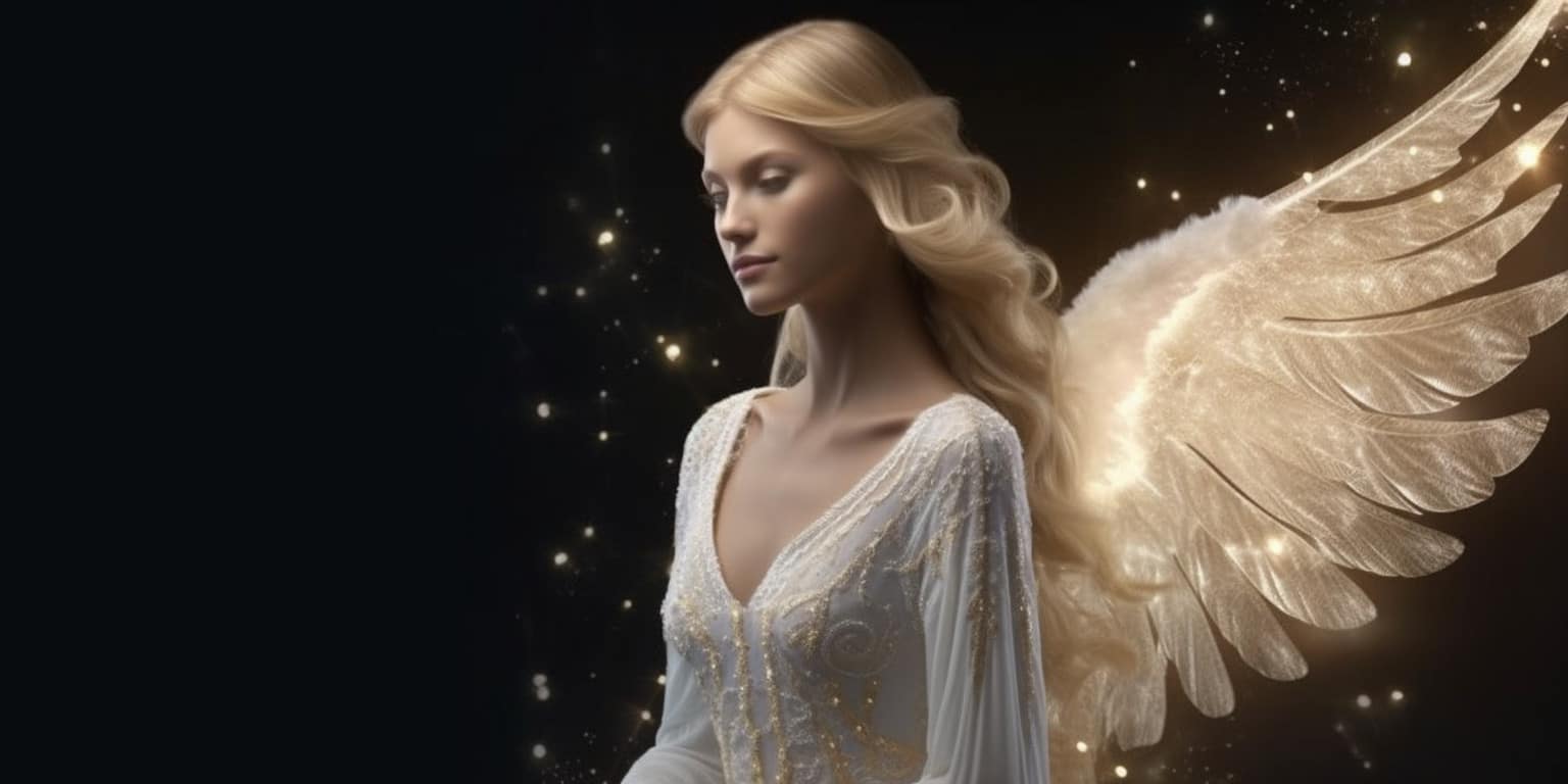 angel_a413-00052 Angel Number 4414 - Angel with light hair and a white dress. Her wings are golden yellow and white.