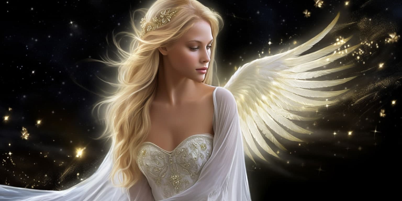 angel_a413-00054 Angel Number 4411 - Angel with long light hair and a white dress. Her wings are golden yellow and white.