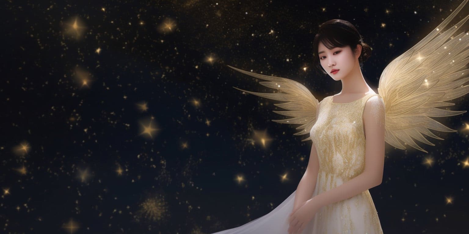 angel_a413-00056 Angel Number 1211 - Angel with short black hair and a long silver white dress. On the front of the dress is gold markings. Theres gold markings on her wings