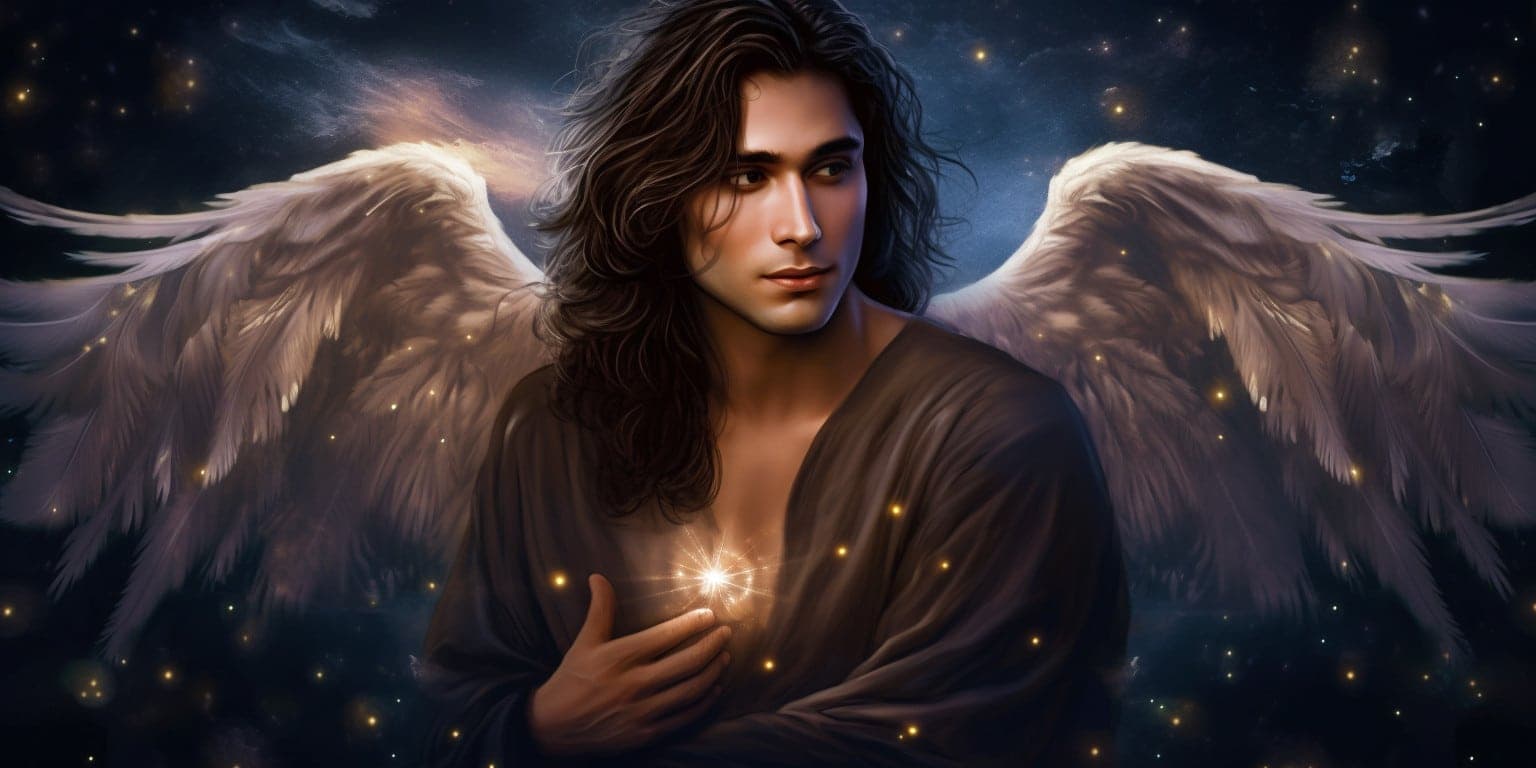 angel_a413-00057 Angel Number 1212 - Angel with long black hair. Small sparkles surround the angel.