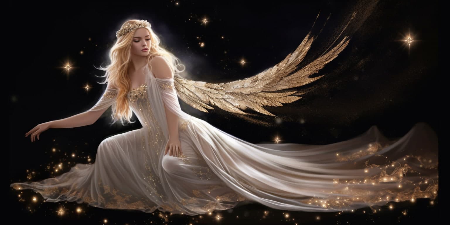 angel_a413-00062 Angel Number 1222 - Angel with long white Blonde hair and a long silver white dress.
