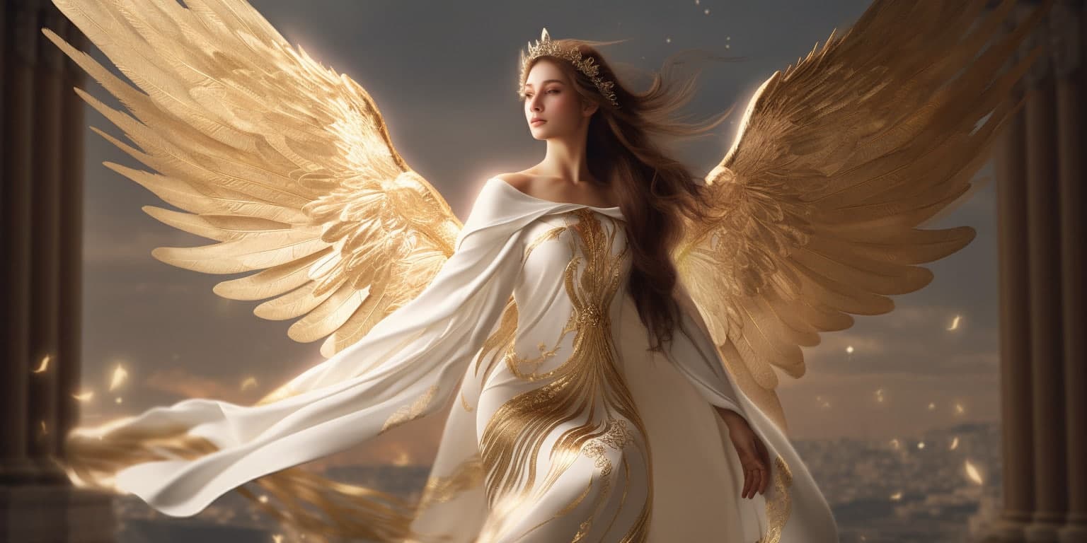 angel_a413-00068 Angel Number 2112 - Angel with long brown hair and a white dress.