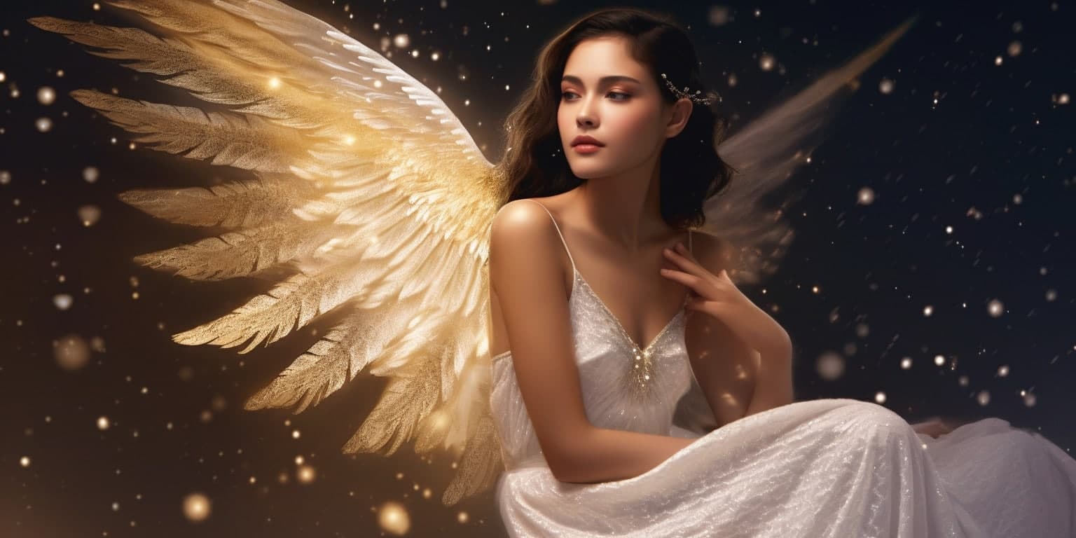 angel_a413-00070 Angel Number 2122 - Angel with dark brown hair and a white dress. Her wings are yellow and white.