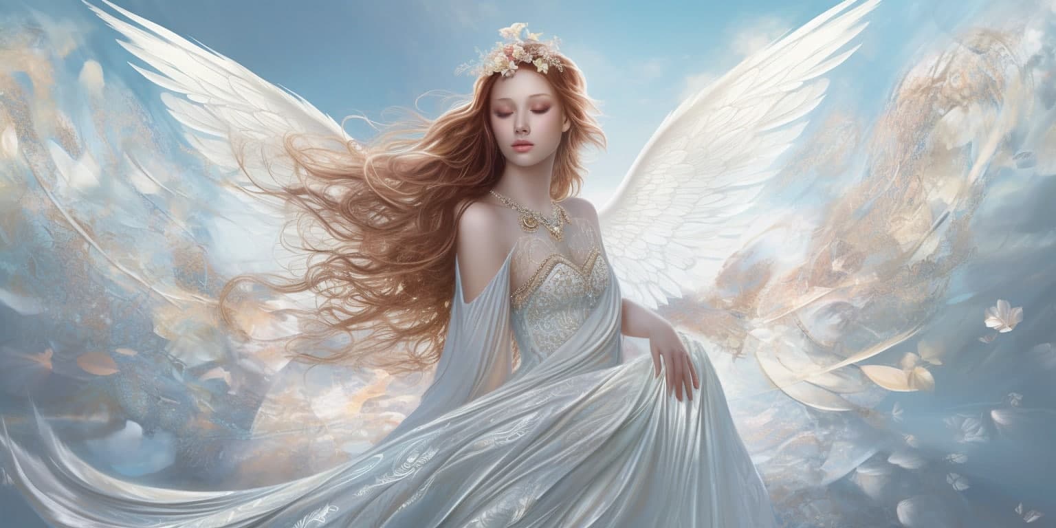 angel_a413-00071 Angel Number 18 - Angel with long brunette hair and a long white dress. Looking forward.