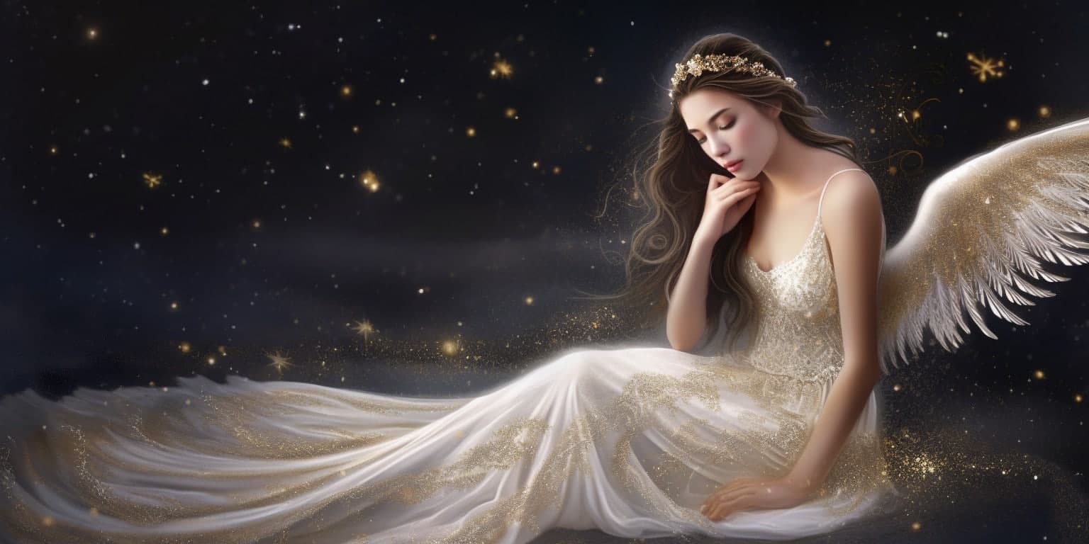 angel_a413-00080 Angel Number 2211 - Angel with dark brown hair and a white dress. Her wings are yellow and white. She has a small crown on her head.